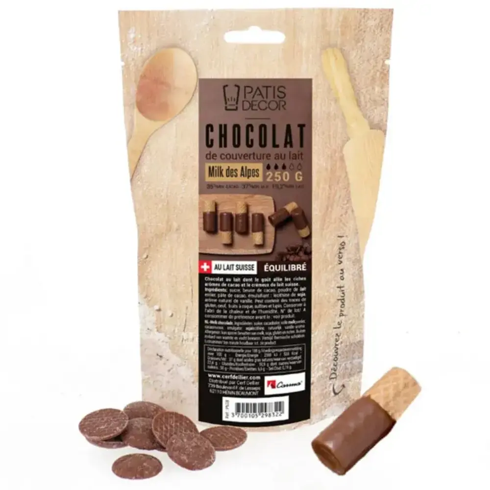Patis Decor Milk couverture chocolate Milk des Alpes 35% by Carma, pistoles, 250 g Patis Decor Milk couverture chocolate Milk des Alpes 35% by Carma, pistoles, 250 g