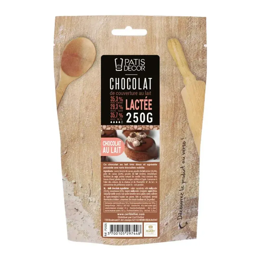 Patis Decor Melk couverture chocolade Lactee 35% van Barry Callebaut, pistoles, 250 g Patis Decor Melk couverture chocolade Lactee 35% van Barry Callebaut, pistoles, 250 g