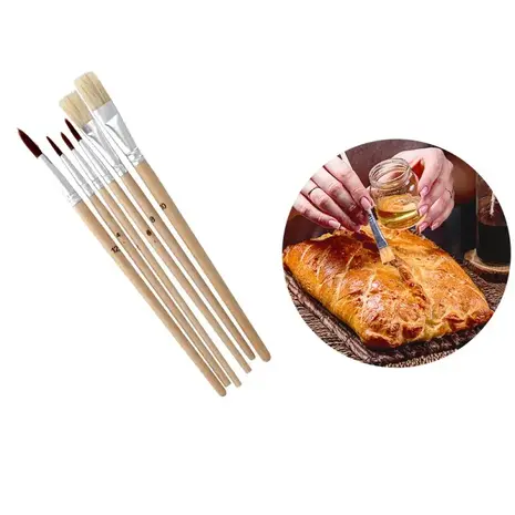 Patis Decor Taartdecoratiepenselen met houten steel, set van 6 (2 plat, 4 rond)