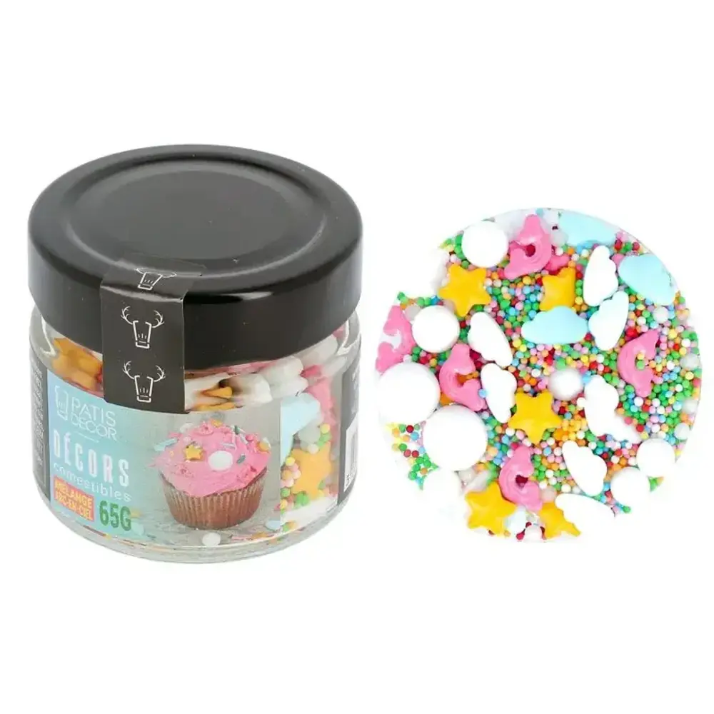 Patis Decor Rainbow edible decoration mix, multicoloured sprinkles, stars and clouds, 65 g Patis Decor Rainbow edible decoration mix, multicoloured sprinkles, stars and clouds, 65 g
