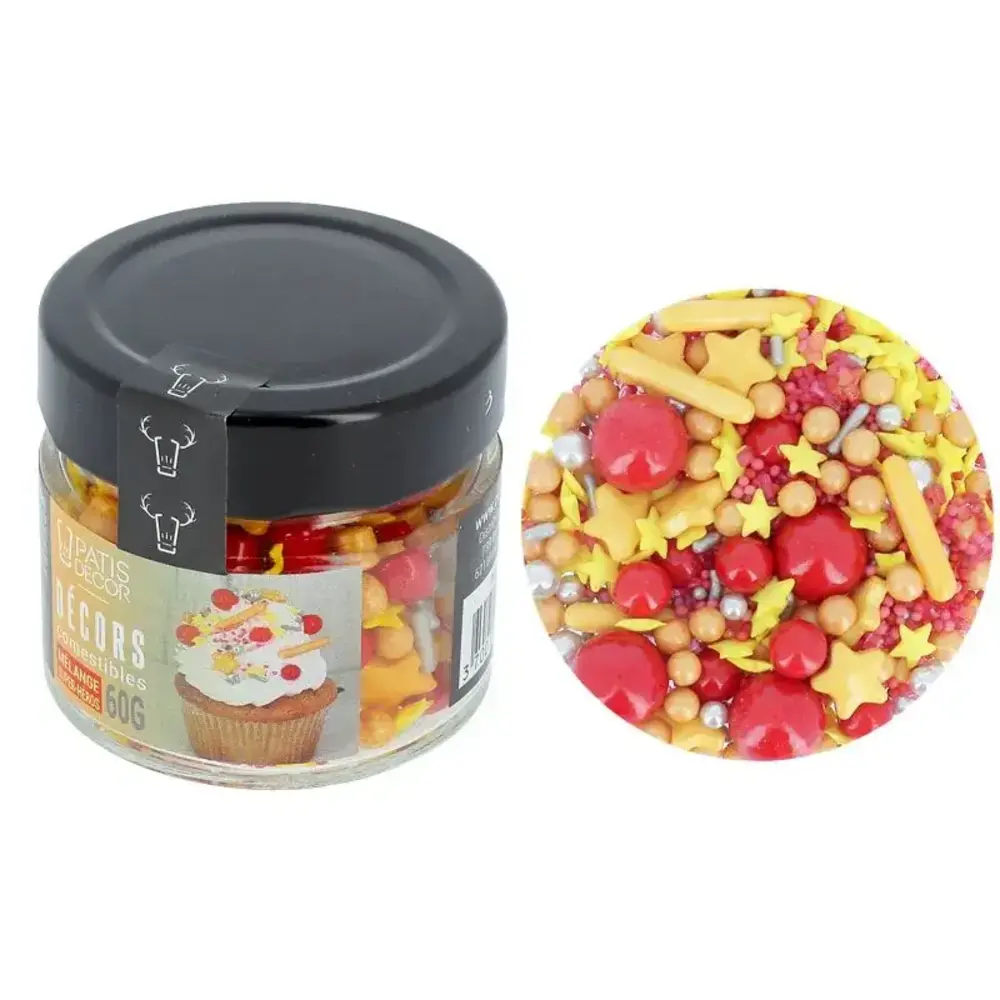 Patis Decor Iron Man superhero edible decoration mix, red beads, gold and silver, 60 g