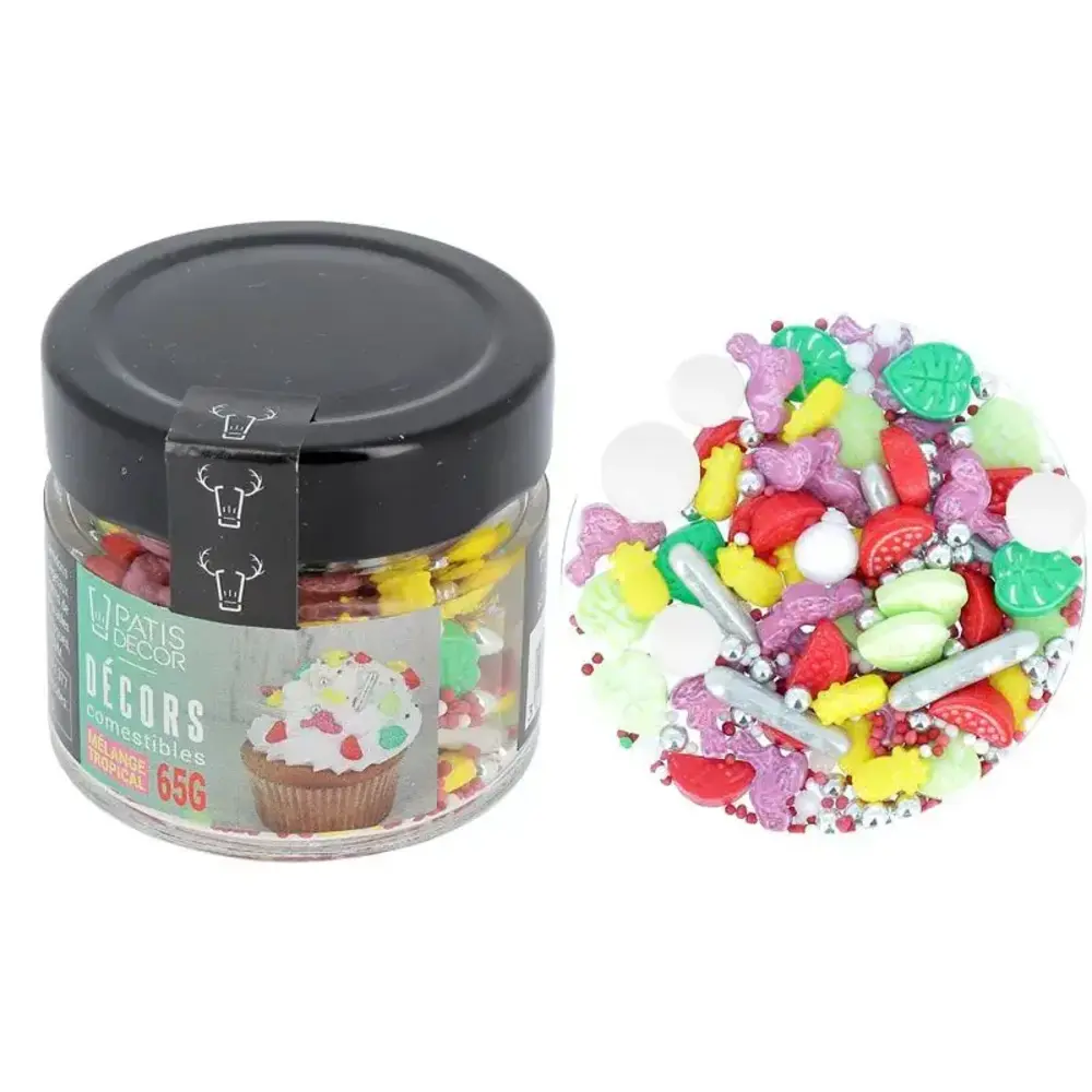 Patis Decor Eetbare decoratiemix tropisch, ananasjes, watermeloentjes en blaadjes, 65 g Patis Decor Eetbare decoratiemix tropisch, ananasjes, watermeloentjes en blaadjes, 65 g