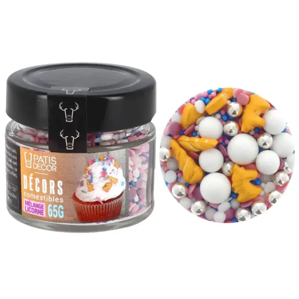 Patis Decor Eetbare decoratiemix eenhoorn, zilveren pareltjes en 3D-suikervormpjes, 65 g Patis Decor Eetbare decoratiemix eenhoorn, zilveren pareltjes en 3D-suikervormpjes, 65 g