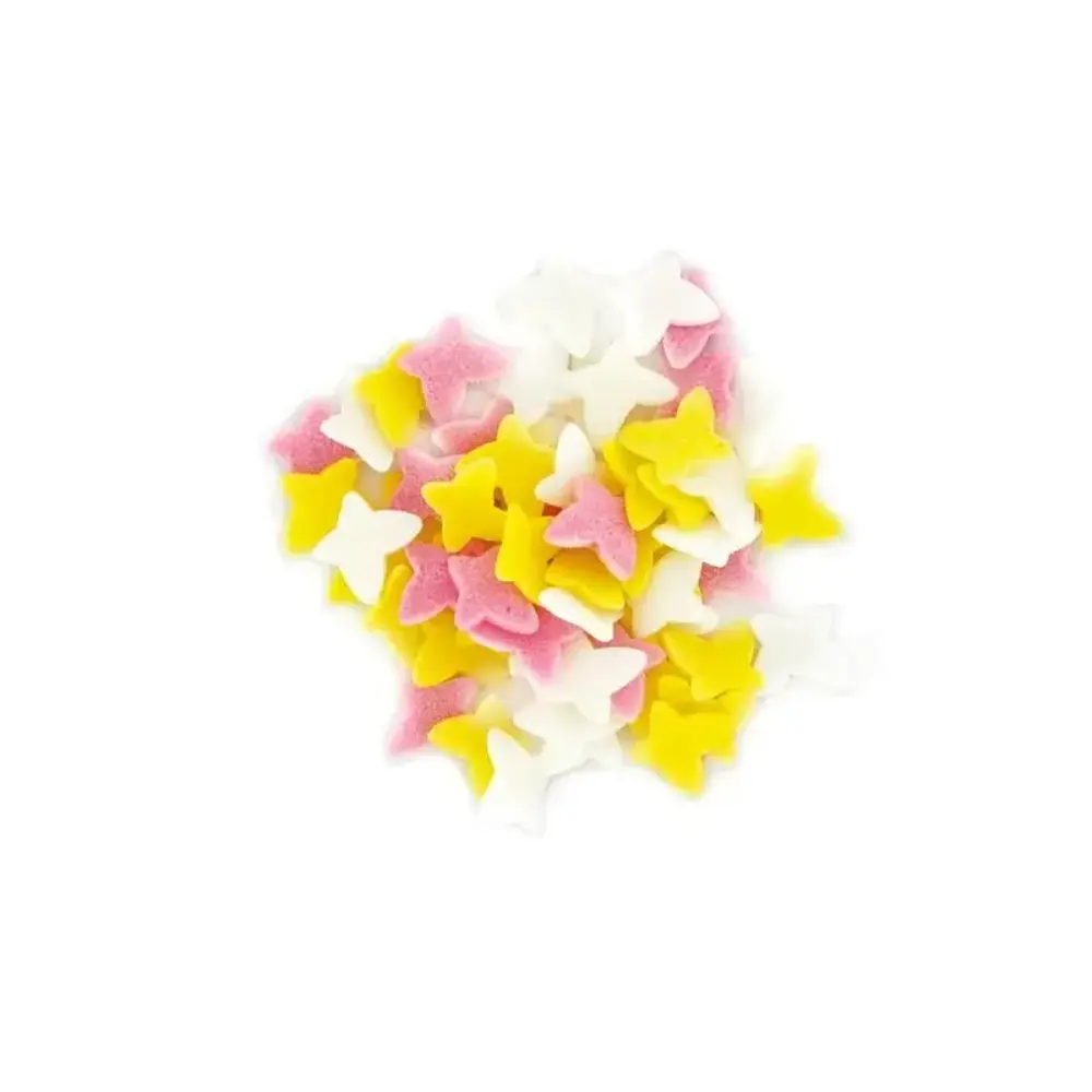 Patis Decor Roze, gele en witte suikervlinders, eetbare decoratie, 45 g Patis Decor Roze, gele en witte suikervlinders, eetbare decoratie, 45 g