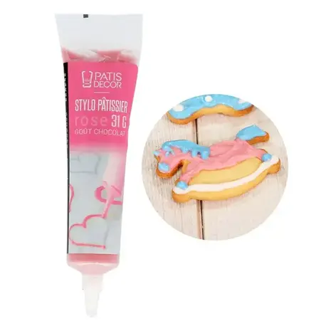 Patis Decor Roze pâtisseriestift met chocoladesmaak, voor schrijven en decoreren, 31 g Patis Decor Roze pâtisseriestift met chocoladesmaak, voor schrijven en decoreren, 31 g