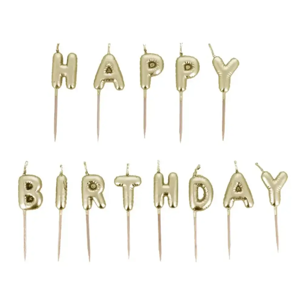 Patis Decor Gold Happy Birthday lettering pick candles, set of 13