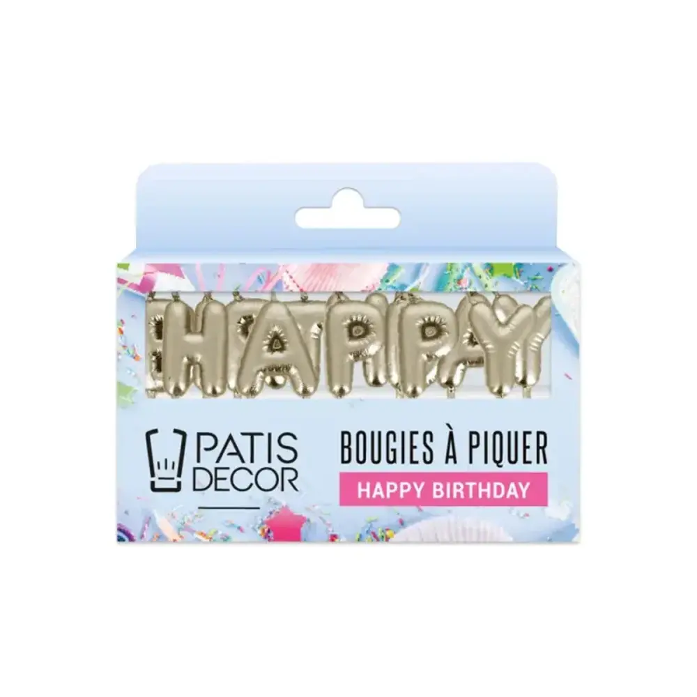 Patis Decor Gold Happy Birthday lettering pick candles, set of 13