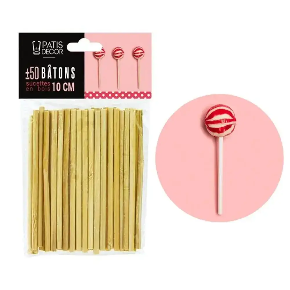 Patis Decor Bamboo lollipop sticks, 10 cm, pack of 50, for chocolate lollipops and cake pops