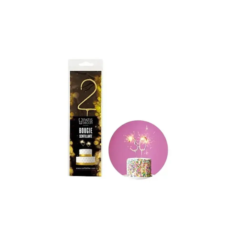 Patis Decor Gouden sterretjeskaars in de vorm van het cijfer 2 voor verjaardagstaarten, 18 cm