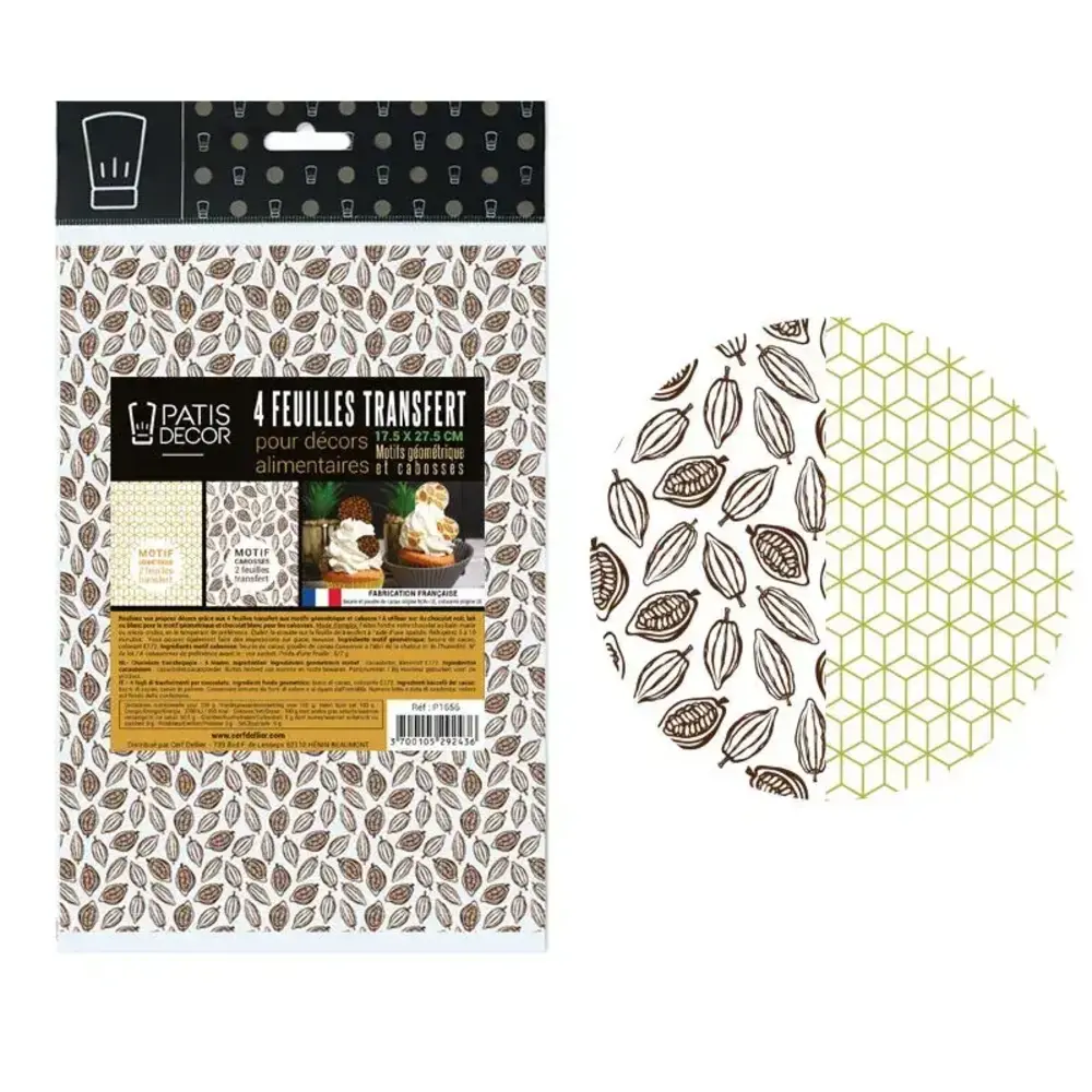 Patis Decor Chocolade transfervellen met cacaovruchten en geometrische motieven voor het versieren van chocolade, set van 4 Patis Decor Chocolade transfervellen met cacaovruchten en geometrische motieven voor het versieren van chocolade, set van 4