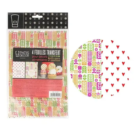 Patis Decor Chocolate transfer sheets with hearts and Scandinavian motifs designs for decorating chocolate, set of 4