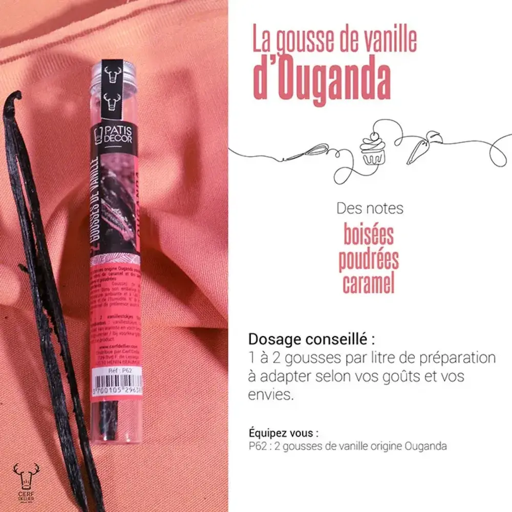 Patis Decor Whole Uganda vanilla pods, supple and unsplit, pack of 2