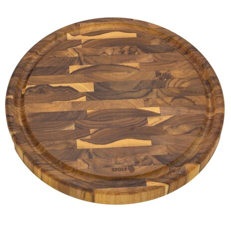 Stolf Massief FSC-gecertificeerde ronde teakhouten snijplank van kopshout met sapgeul en handgrepen, ⌀35 x 3,2 cm Stolf Massief FSC-gecertificeerde ronde teakhouten snijplank van kopshout met sapgeul en handgrepen, ⌀35 x 3,2 cm