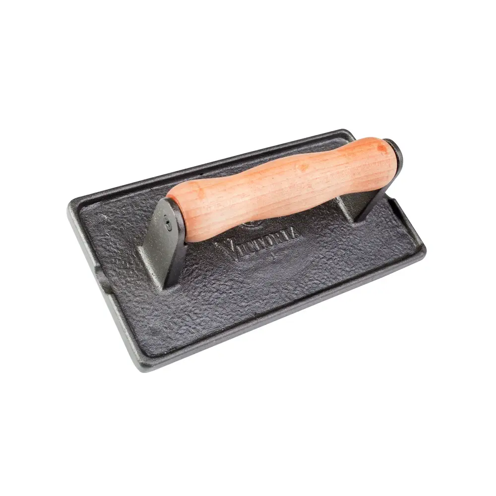 Victoria Heavy cast iron grill and bacon press with ridged base and removable wood handle Victoria Heavy cast iron grill and bacon press with ridged base and removable wood handle
