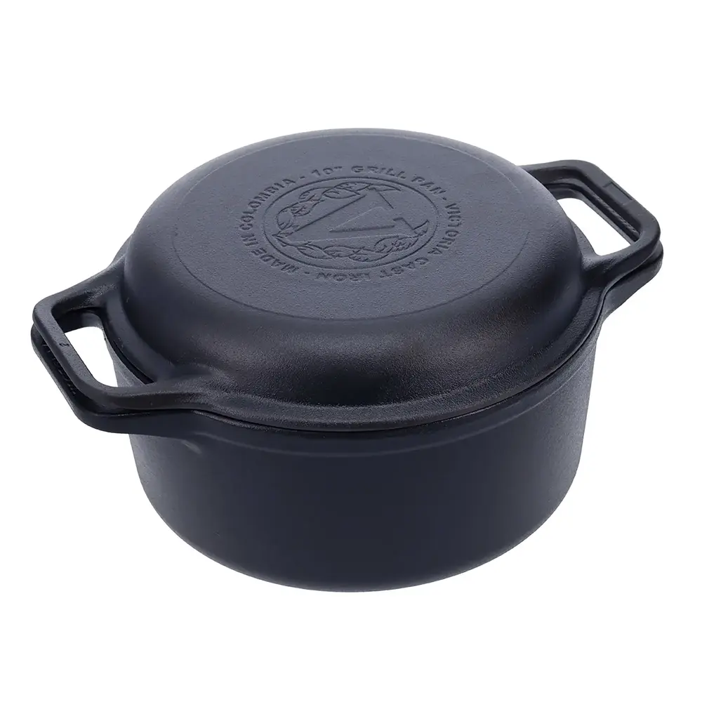 Victoria 2-delige gietijzeren combikoker: 5,7 l braadpan en koekenpan-deksel met grillribbels