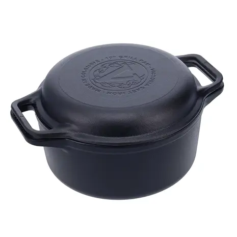 Victoria 2-delige gietijzeren combikoker: 5,7 l braadpan en koekenpan-deksel met grillribbels