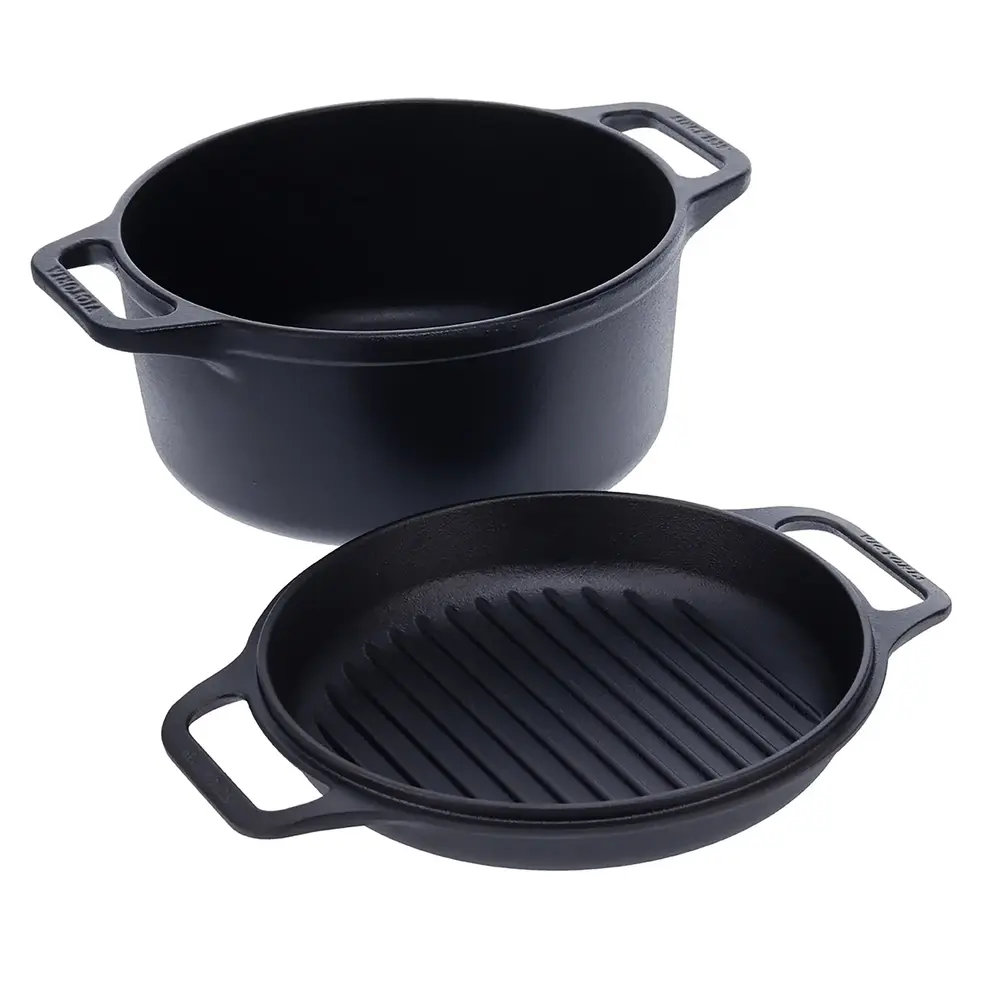 Victoria 2-delige gietijzeren combikoker: 5,7 l braadpan en koekenpan-deksel met grillribbels