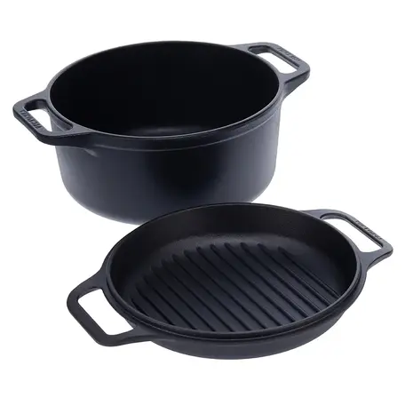 Victoria 2-delige gietijzeren combikoker: 5,7 l braadpan en koekenpan-deksel met grillribbels