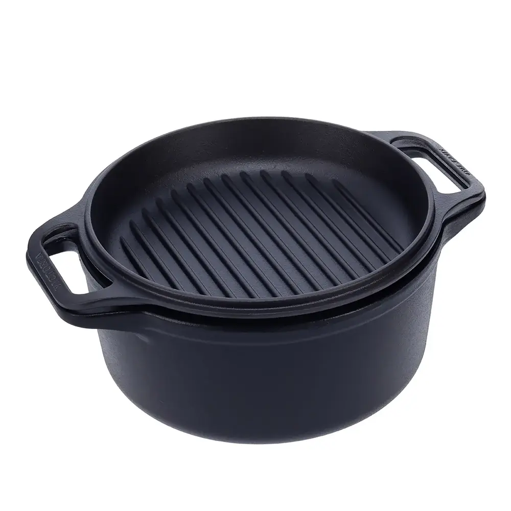 Victoria 2-piece cast iron combo cooker: 5.7 L dutch oven and grill-ridged skillet lid
