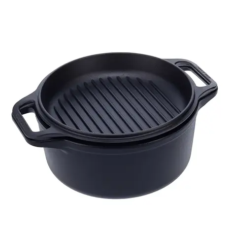 Victoria 2-delige gietijzeren combikoker: 5,7 l braadpan en koekenpan-deksel met grillribbels