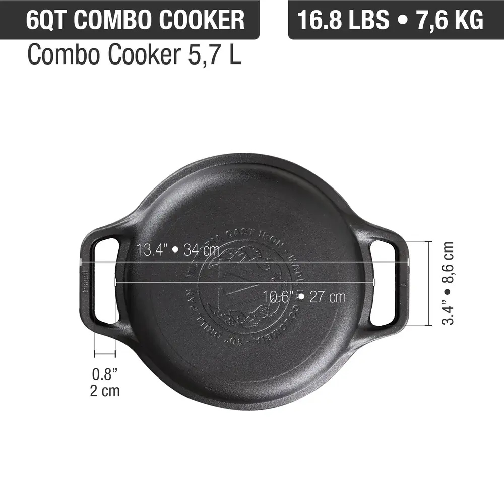 Victoria 2-delige gietijzeren combikoker: 5,7 l braadpan en koekenpan-deksel met grillribbels
