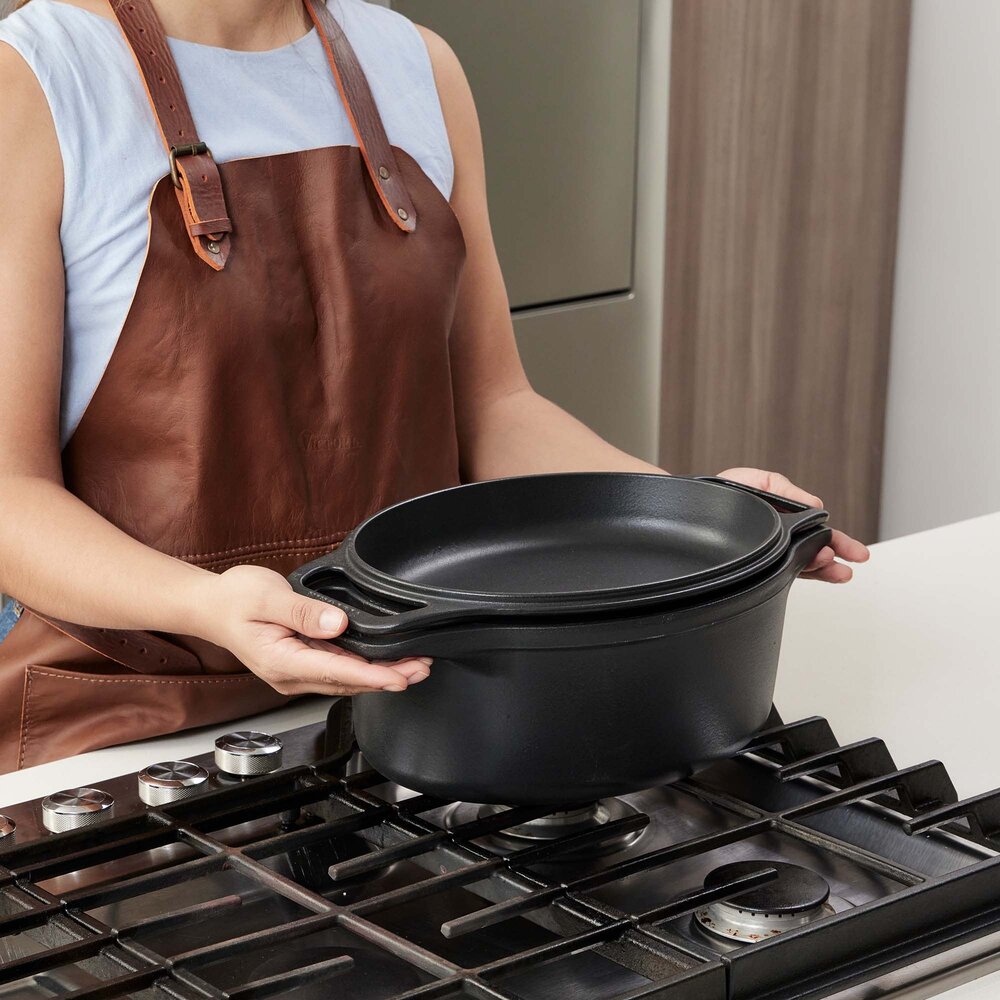 Victoria Enameled cast iron oval dutch oven combo, bread baker and skillet lid, 5.7 L