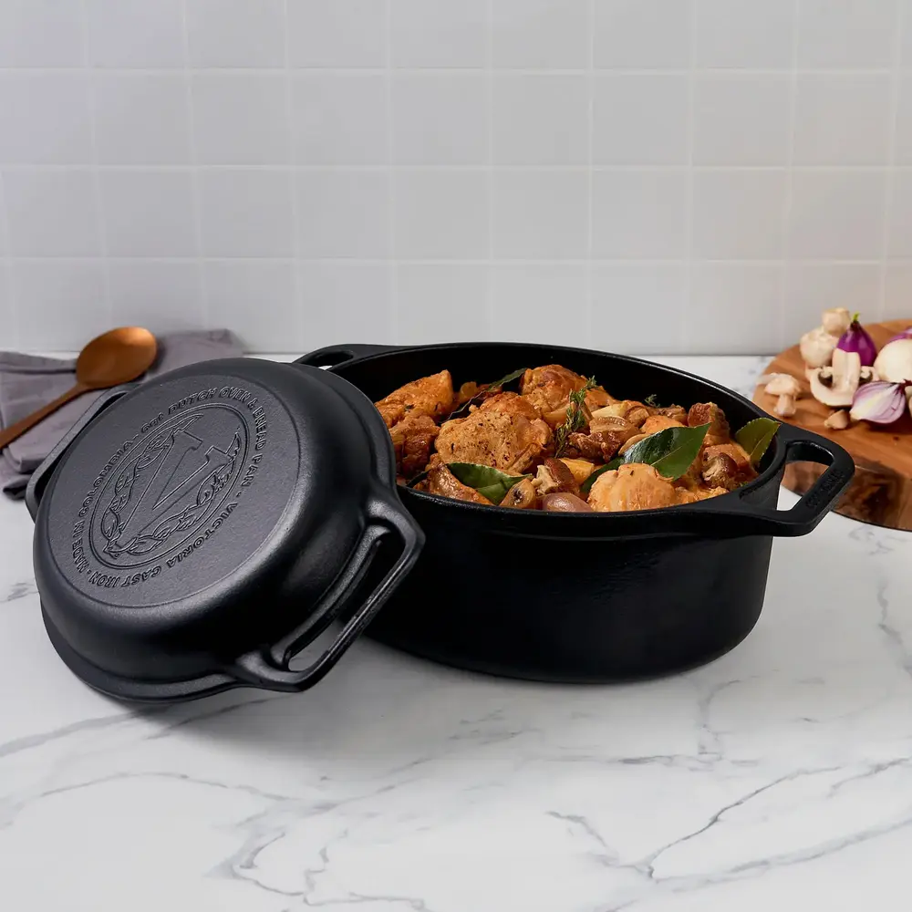 Victoria cast iron oval dutch oven combo, bread baker and skillet lid, 5.7 L
