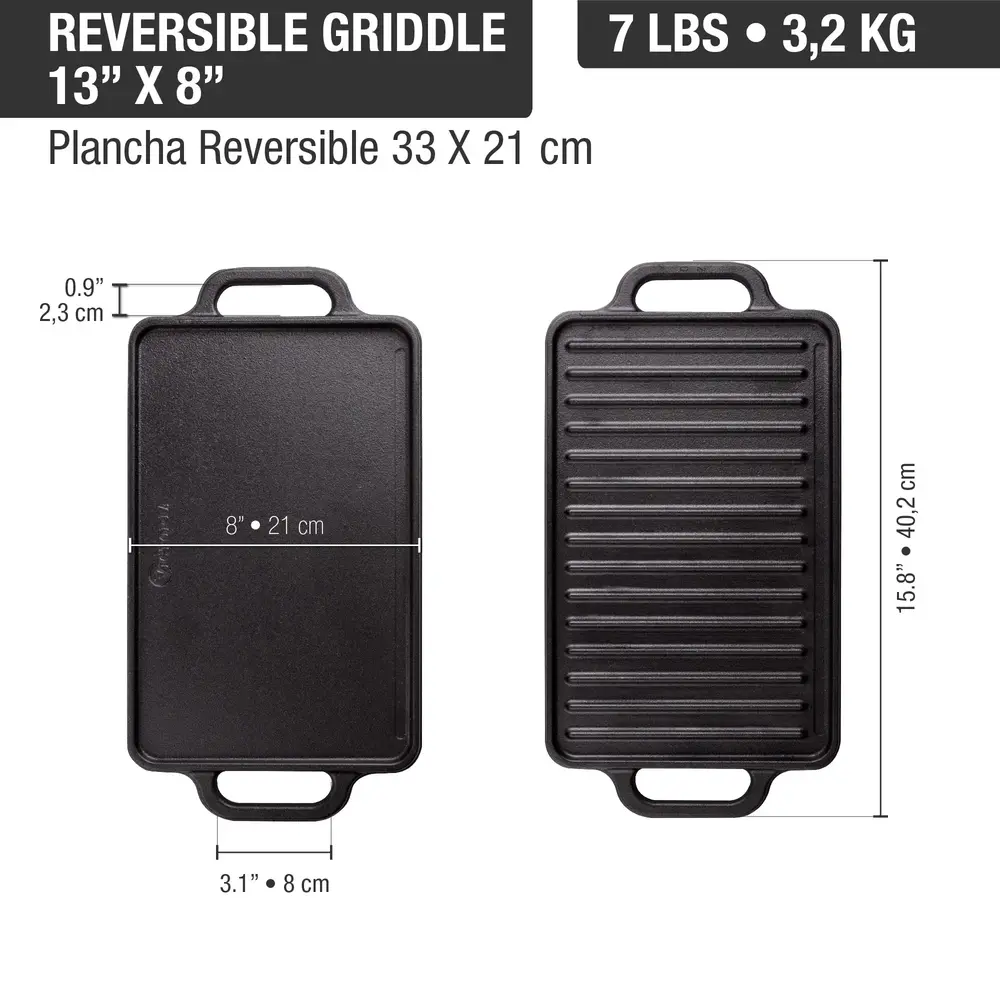 Victoria Reversible cast iron griddle with flat and ridged sides, 33 x 21 cm