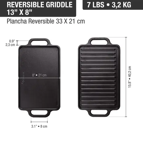 Victoria Reversible cast iron griddle with flat and ridged sides, 33 x 21 cm