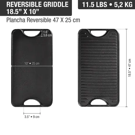 Victoria Reversible cast iron griddle with flat and ridged sides, 47 x 25 cm