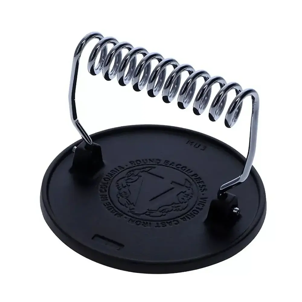 Victoria Round cast iron meat press with a foldable stainless steel wire handle Victoria Round cast iron meat press with a foldable stainless steel wire handle