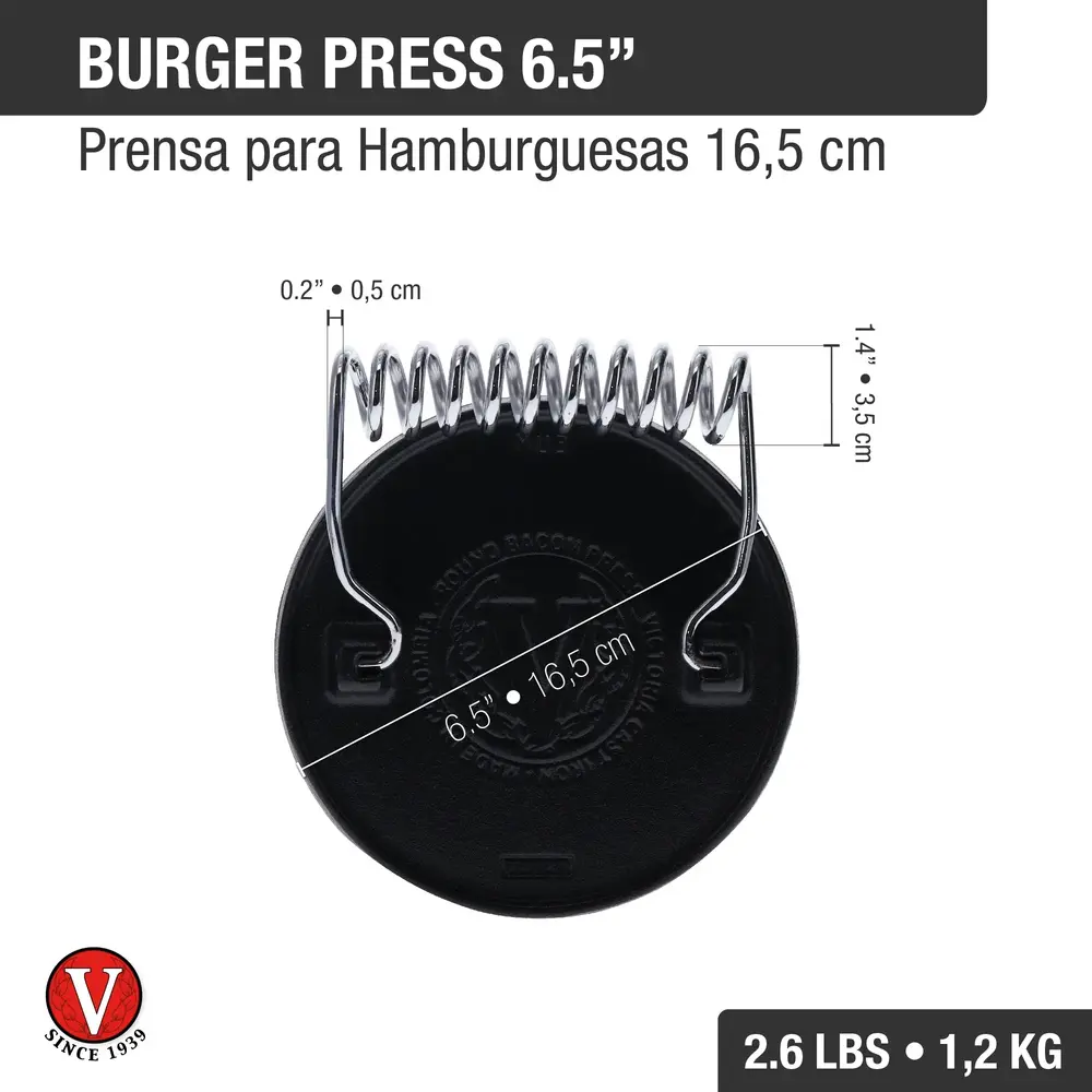 Victoria Round cast iron meat press with a foldable stainless steel wire handle Victoria Round cast iron meat press with a foldable stainless steel wire handle
