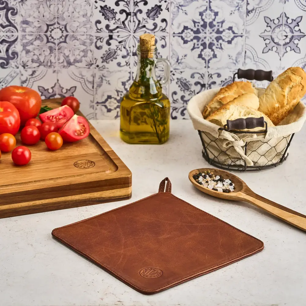 Victoria Leather trivet for hot cast iron cookware
