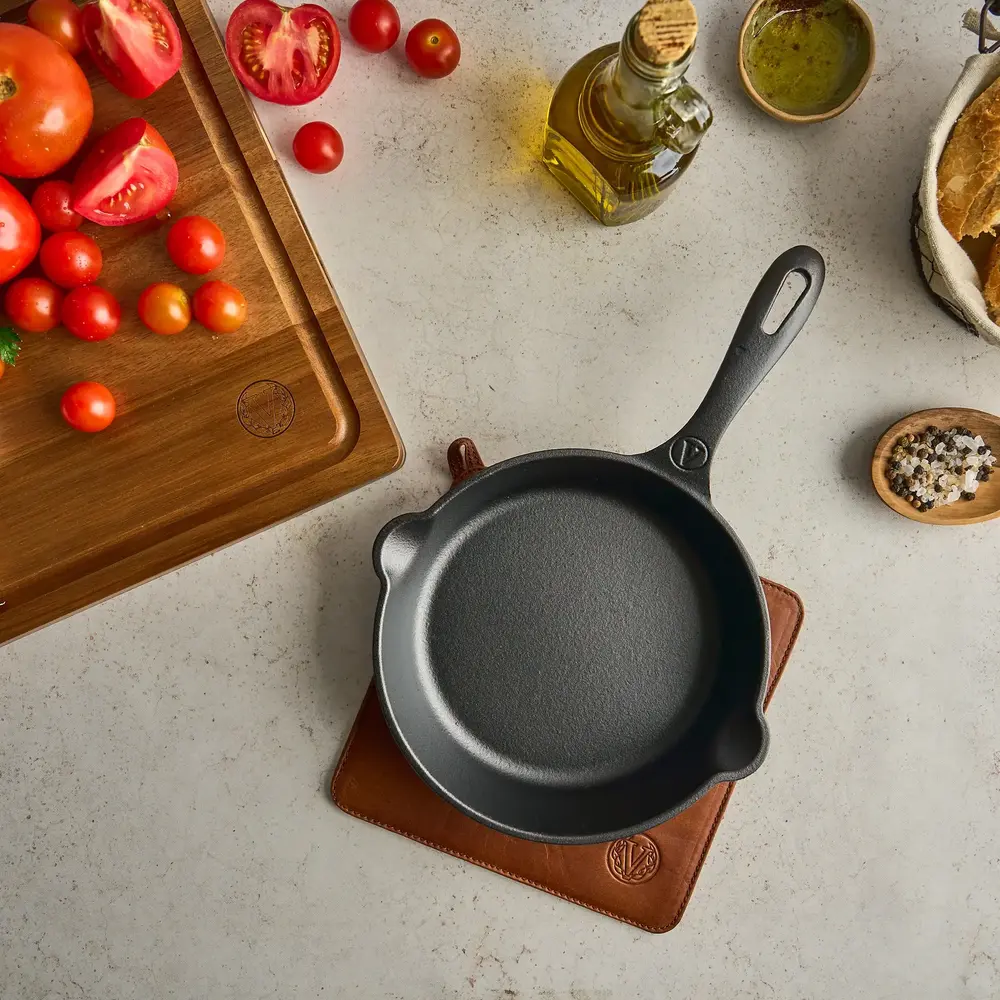 Victoria Leather trivet for hot cast iron cookware