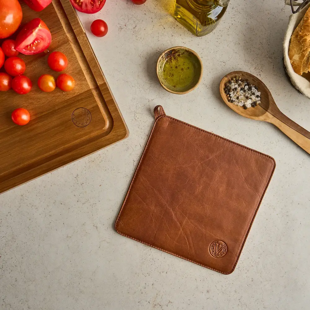 Victoria Leather trivet for hot cast iron cookware
