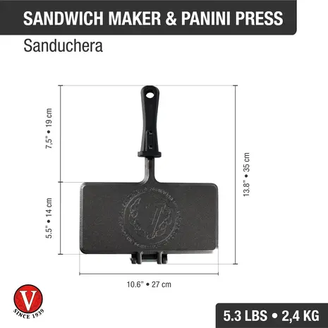 Victoria Cast iron panini and sandwich press with dimpled surface and heat-resistant handle