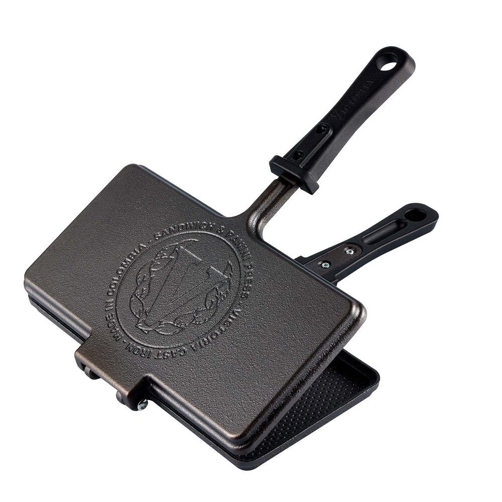 Victoria Cast iron panini and sandwich press with dimpled surface and heat-resistant handle