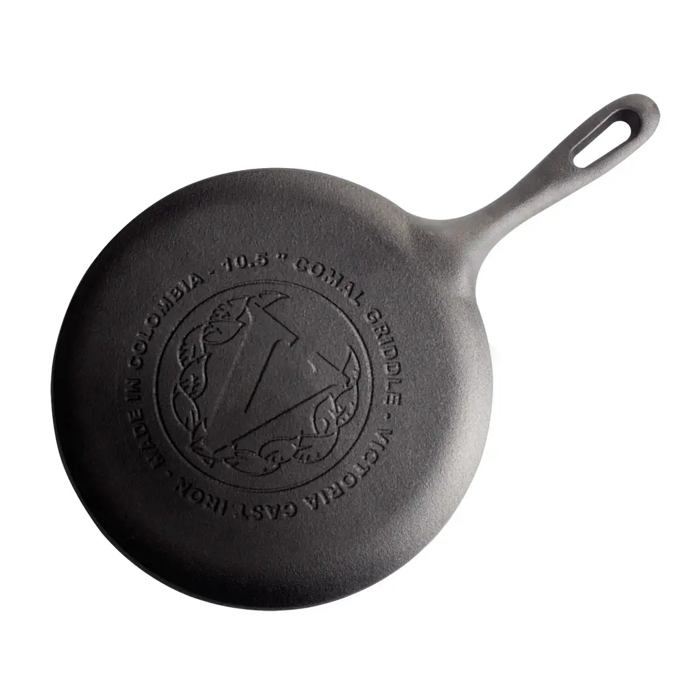 Victoria Enameled Flat cast iron comal griddle and crepe pan with a long handle, 26.5 cm