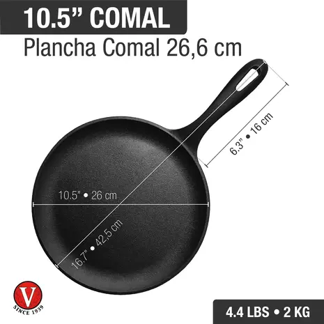 Victoria Enameled Flat cast iron comal griddle and crepe pan with a long handle, 26.5 cm