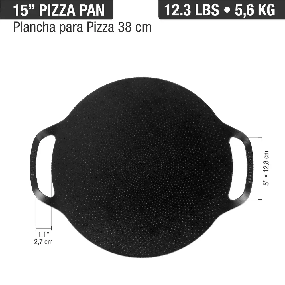 Victoria Extra grote gietijzeren pizzapan en comal met genopt oppervlak en dubbele lushandvatten, 38 cm