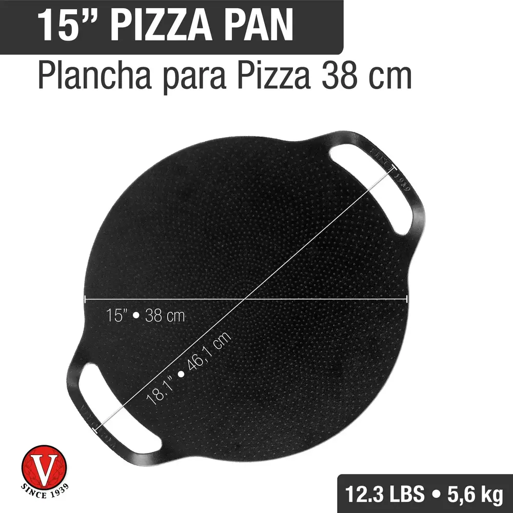 Victoria Extra grote gietijzeren pizzapan en comal met genopt oppervlak en dubbele lushandvatten, 38 cm