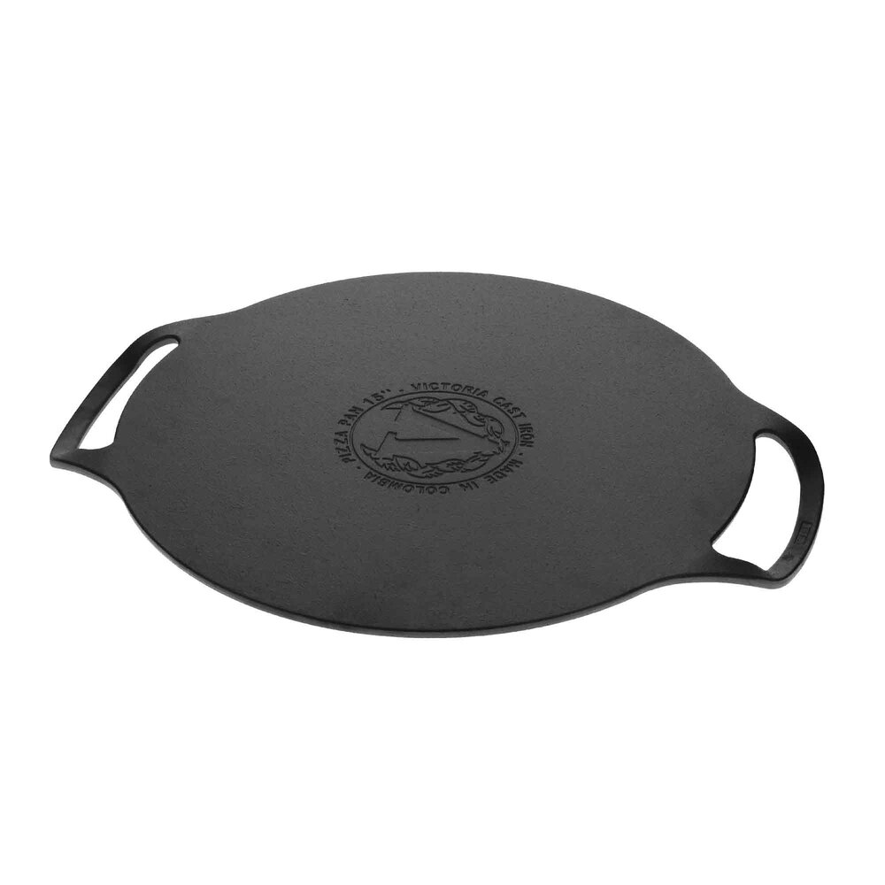 Victoria Extra grote gietijzeren pizzapan en comal met genopt oppervlak en dubbele lushandvatten, 38 cm