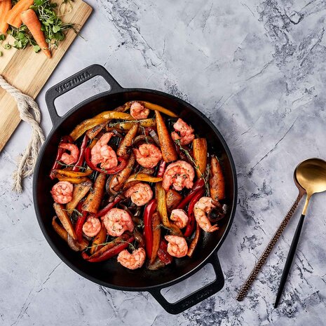 Victoria Geëmailleerde gietijzeren ronde grillpan met verhoogde ribbels en dubbele lushandvatten