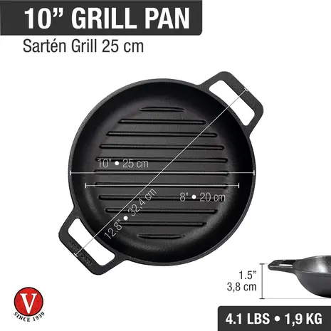 Victoria Gietijzeren ronde grillpan met verhoogde ribbels en dubbele lushandvatten