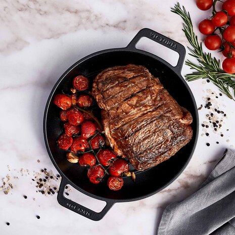 Victoria Gietijzeren ronde grillpan met verhoogde ribbels en dubbele lushandvatten