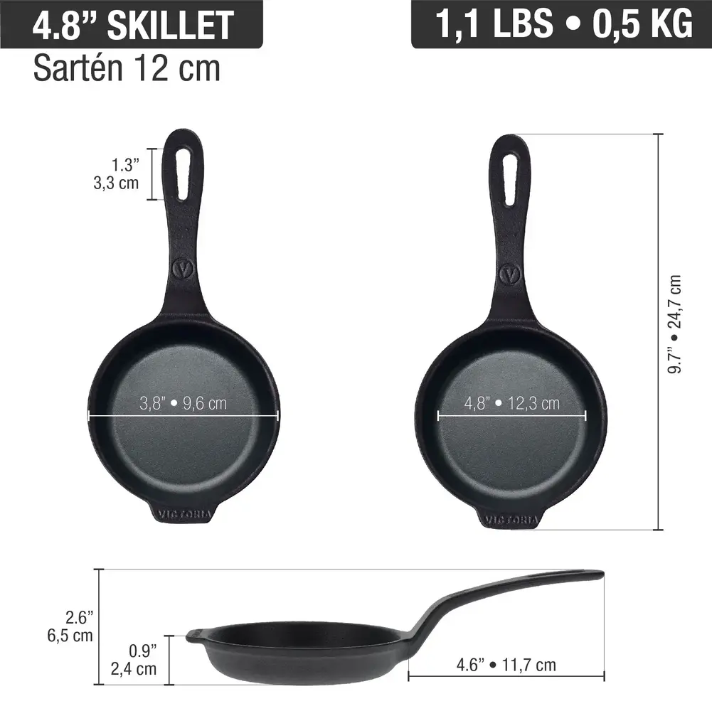 Victoria Geëmailleerde gietijzeren mini-koekenpan met lange steel en dubbele giettuiten, 10 cm