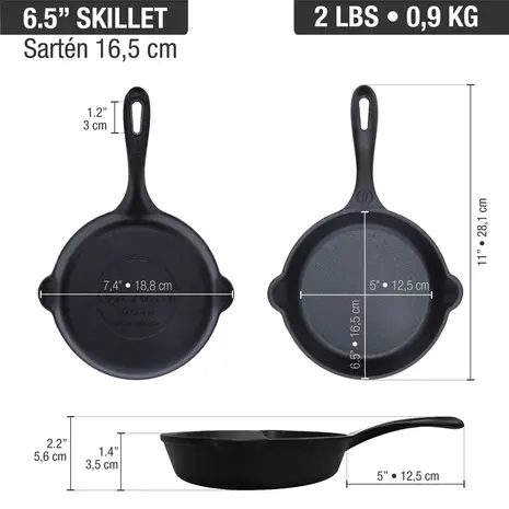 Victoria Cast iron skillet with a long handle and dual pour spouts, 16.5 cm