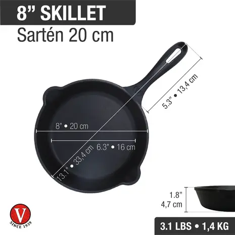 Victoria Enameled cast iron skillet with a long handle and dual pour spouts, 20 cm