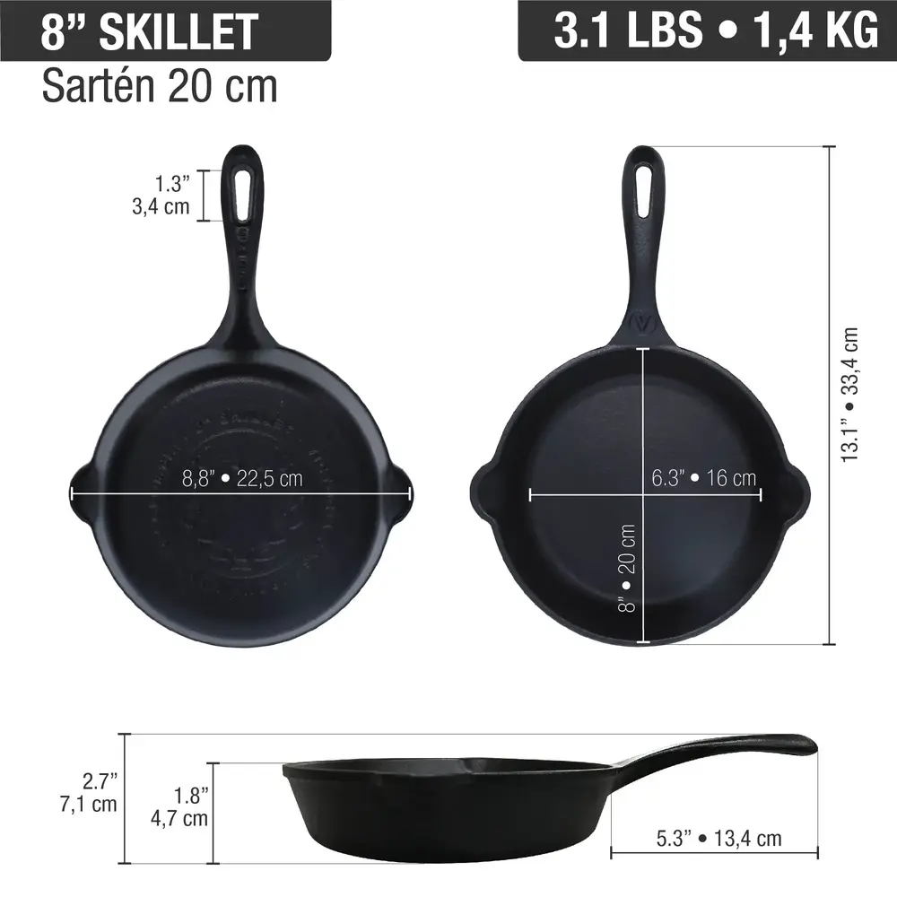 Victoria Cast iron skillet with a long handle and dual pour spouts, 20 cm