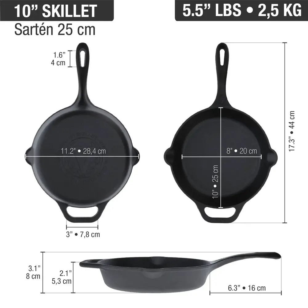 Victoria Gietijzeren koekenpan met lange steel en dubbele giettuiten, 25 cm